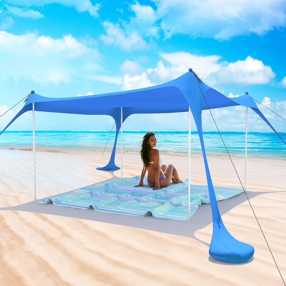 Beach Tent Pop Up Shade Canopy Sun Shelter UPF50+ with 4 Stability Poles/Carry Bag/Ground Pegs/Sand Shovel/Windproof Ropes Porta