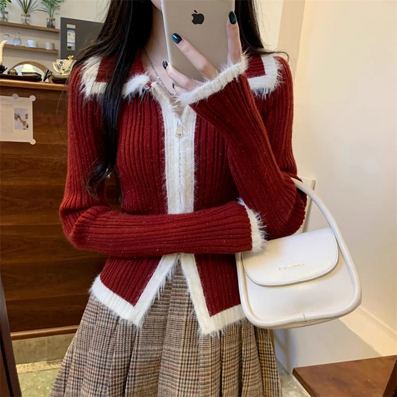 Christmas Red Knitted Cardigans Women New Turn-down Collar Double Zipper Slim Short Sweater Coat Fashion Hotgirl Female Tops