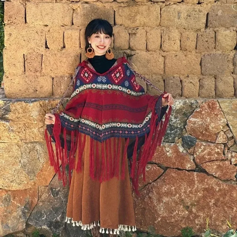 

Женский плащ в стиле бохо, винтажный винно-красный рождественский плащ с кисточками и капюшоном, шаль, свитер, пальто, женское пальто 202, осенне-зимнее туристическое пончо, топы