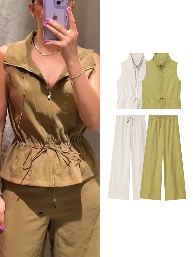 

TFMLN Women Casual Pant Suit Solid Turn-Down Collar Sleeveless Lace-Up Zipper Tank Top Elastic Waist Straight Pant Chic Outfits