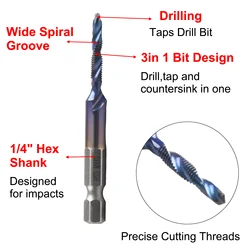 M3-M10 나사 탭 드릴 비트, HSS 탭 카운터 싱크 디버러 메트릭 육각 섕크, 드릴링 및 태핑 금속 목재 플라스틱용 1/4 인치, 12PCs