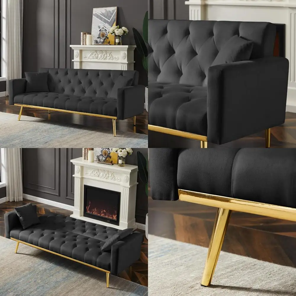 أريكة فوتون سرير أريكة نوم مخملية بأرجل معدنية، أريكة صغيرة حديثة، عريضة 73.2، وسادتان متضمنة، تصميم ساق مدببة #1