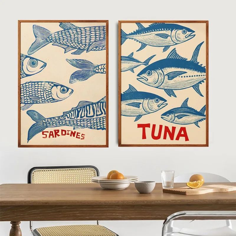 Póster Vintage de pescado y mariscos, lata de sardina y atún Anchovy, pintura en lienzo maximalista, arte de pared eclético para habitación, cocina, decoración del hogar