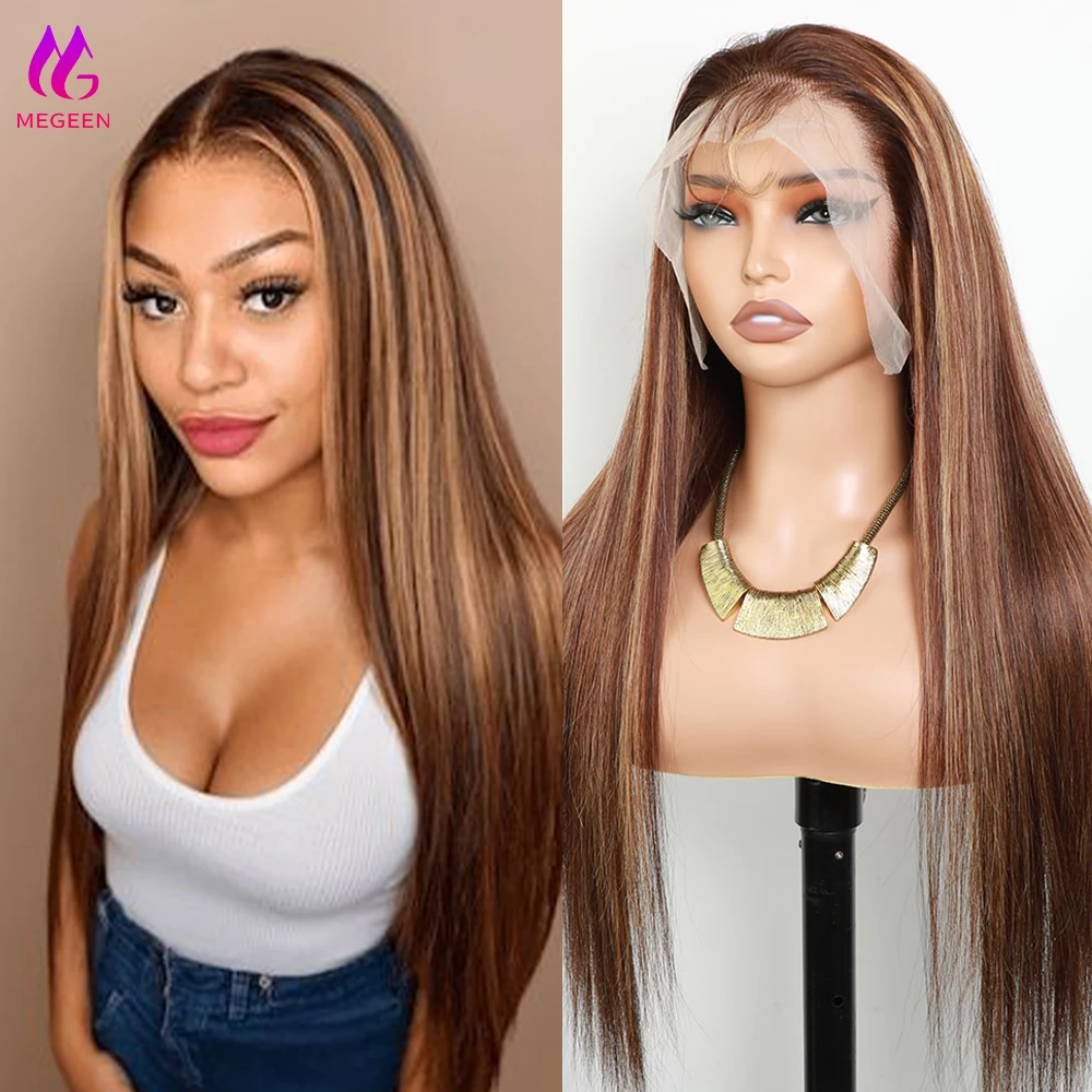 Megeen P4/27 Wig lurus renda depan 13X4 Wig Frontal renda transparan rambut manusia madu pirang berwarna Wig Ombre Remy
