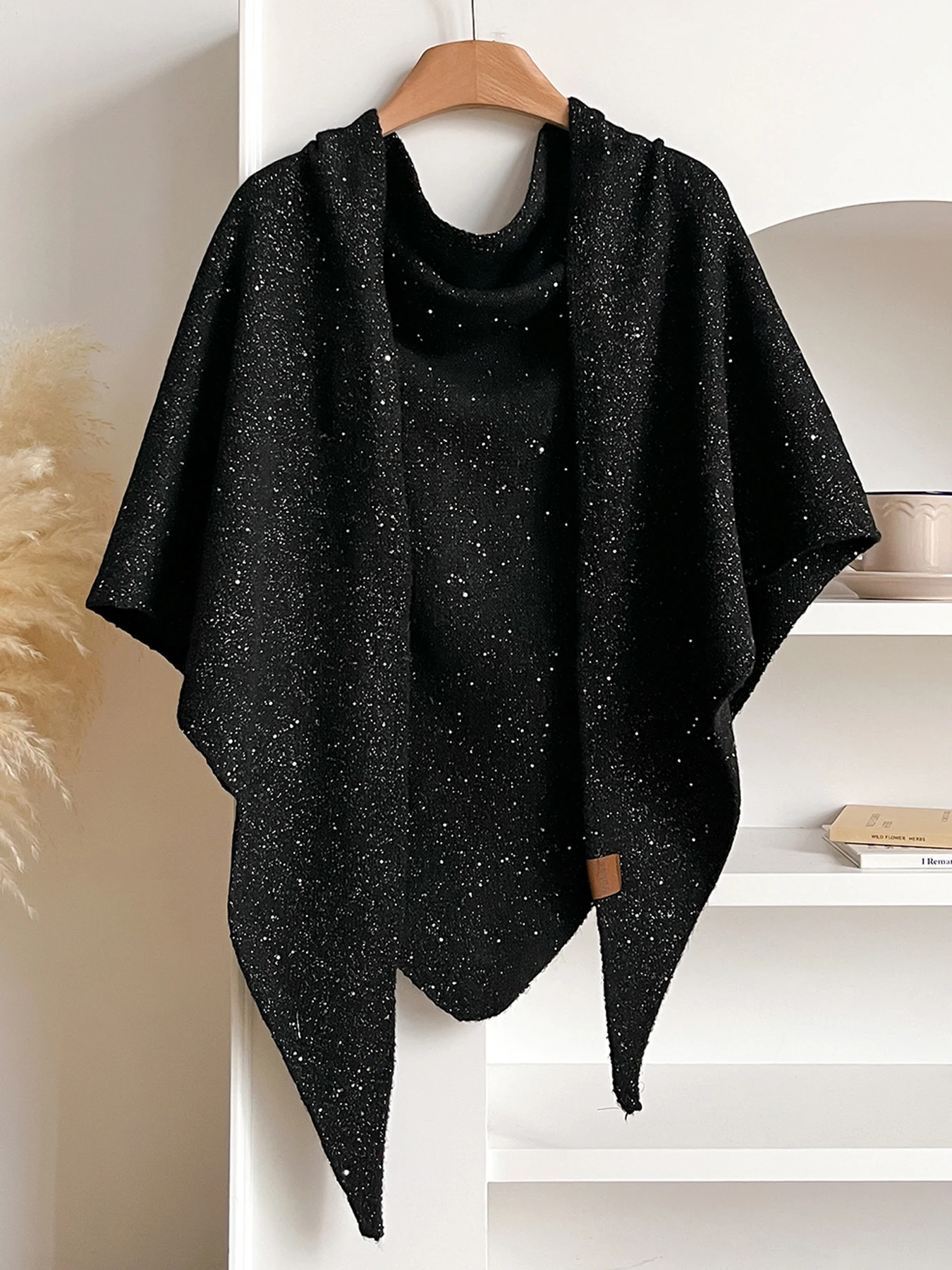 Sparkle Knit Triangle Poncho Shawl, Glitter Wrap Cape, Soft Warm Shoulder Cover for Women Fall Winter Dress Outfit