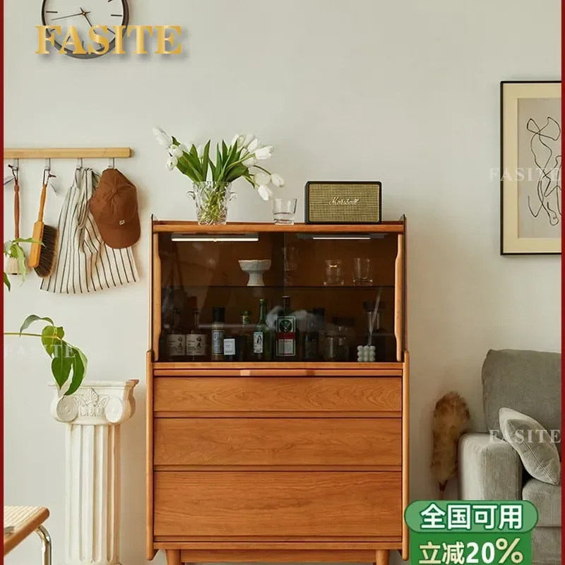 Nordic Solid Wood Side Cabinet Living Room Cherry Wood Storage Cabinet Multi-functional Tea Cabinet Bedroom Retro Chest