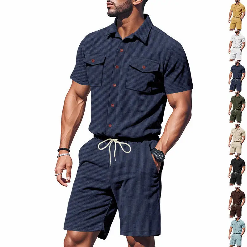 

New Summer Men's Corduroy Pocket Shirt Short Sleeve Two-Piece Set Casual Comfortable Breathable Fashionable Male Clothing