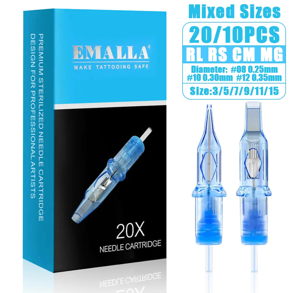 20/10PCS EMALLA ELIOT Tattoo Cartridge Needles Mixed 10 Size Sterilized Tattoo Cartridge Needles for Tattoo Machine RL/RS/RM/MG