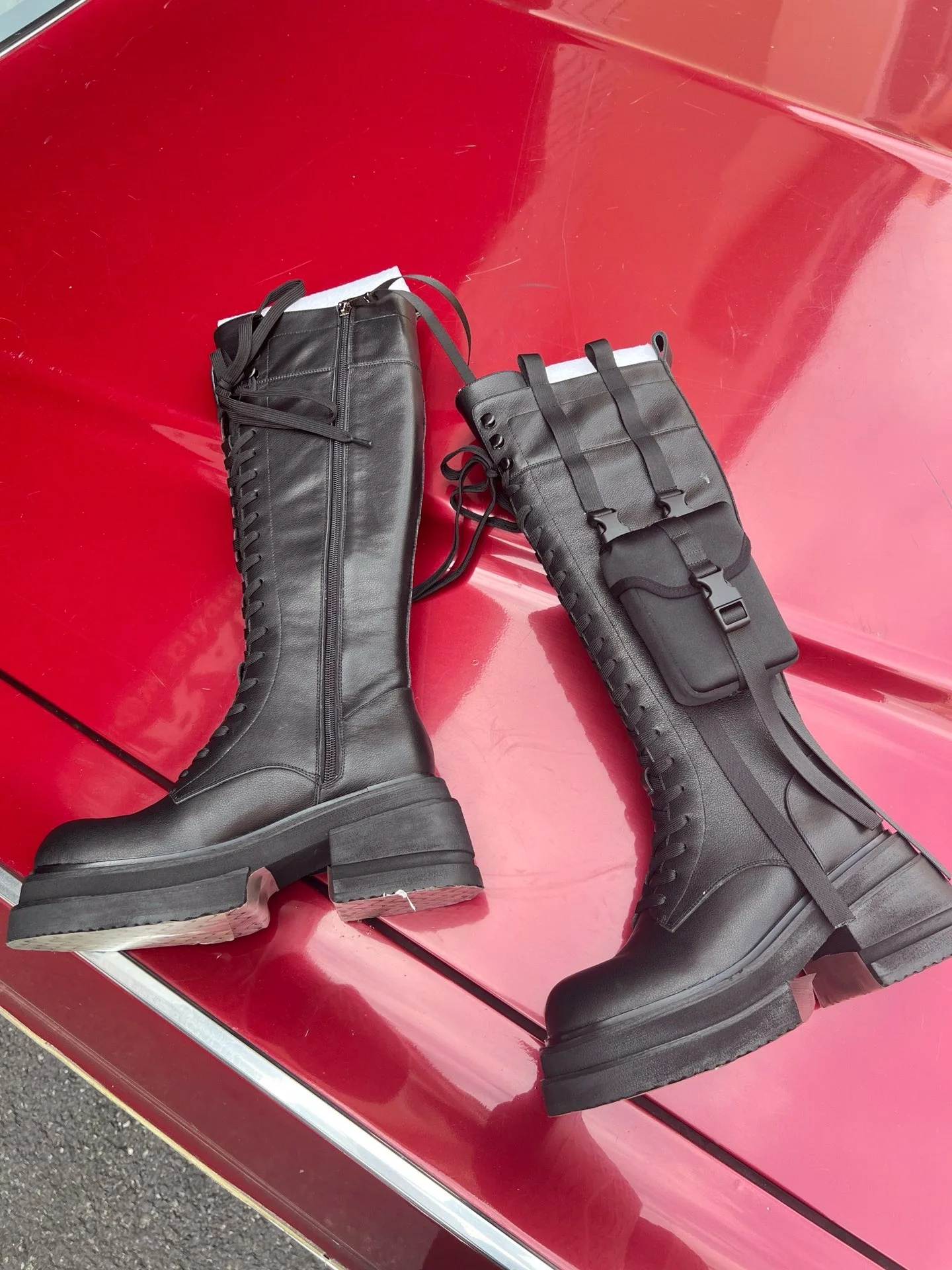 Women's Long Boots Winter Pocket Buckle Genuine Leather Booties Below the Knee High Heels Platform Motorcycle Style British 2025