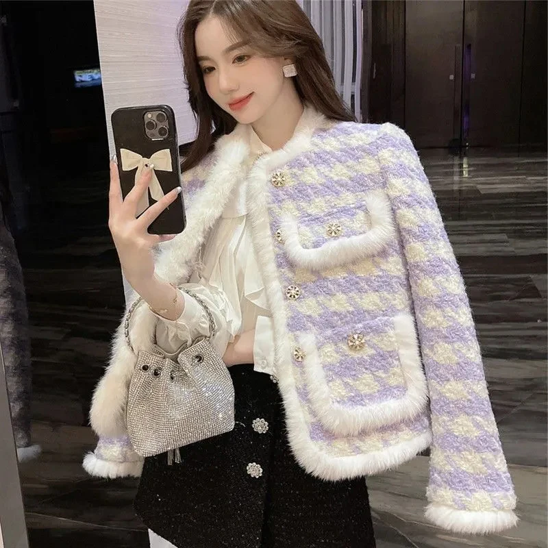 Women Plaid Quilted Coats Fall Winter Office Lady Elegant Fashion Thicken Outwear Small Fragrance Button Raw Edges Casual Coat