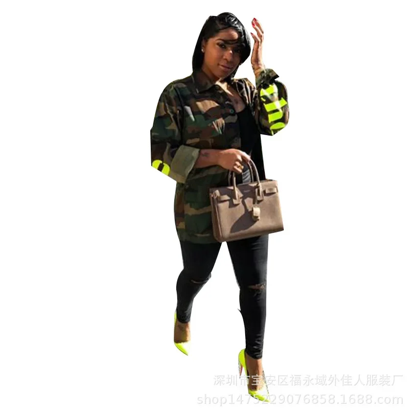 Women\'s Green Camouflage Long Jackets new Size Long Sleeve Camo Streetwear Coat femme Jacket