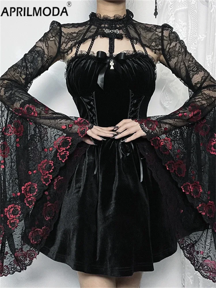 2024 Autumn Long Flare Sleeve Gothic Vintage Lace Cropped Shawl Bolero Shrug Tops Harajuku Red Black Embroidery Cosplay Jacket