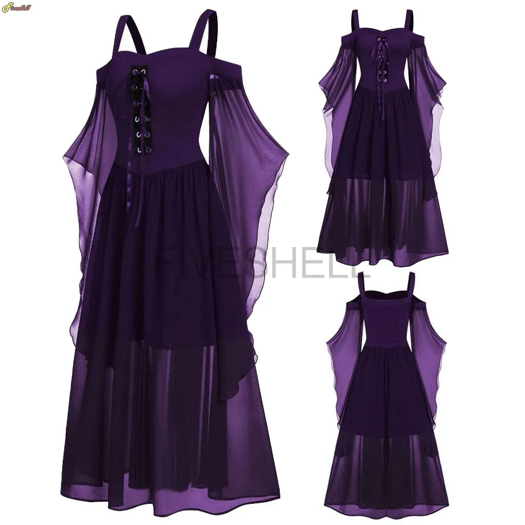 Novas Mulheres Retro Gothic Suspender Dress 2023 Halloween Renascimento Medieval Bruxa Cosplay Traje De Malha De Fada Vestido Longo Para As Mulheres