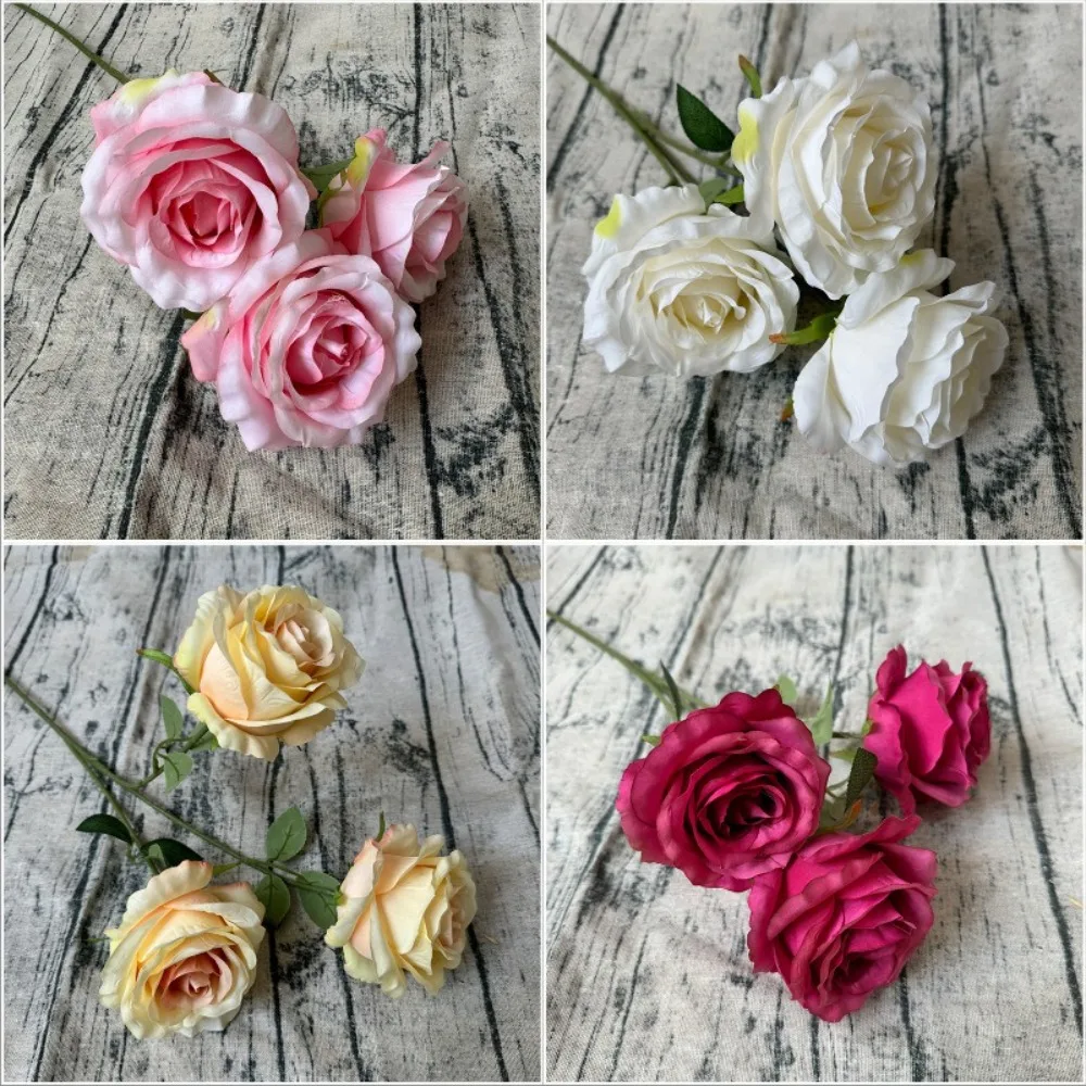 Flower Arrangement Decoration Simulation 3 Head Rose Gradient Color Crafts Simulated Flowers Bouquet Home Garden Ornaments