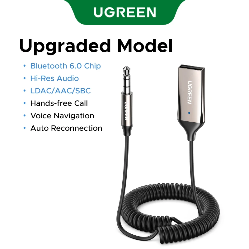 UGREEN Bluetooth 5.3 Handsfree Adapter Bluetooth 3.5mm AUX Muziek Navigatie Streaming Microfoon voor Gesprekken Auto