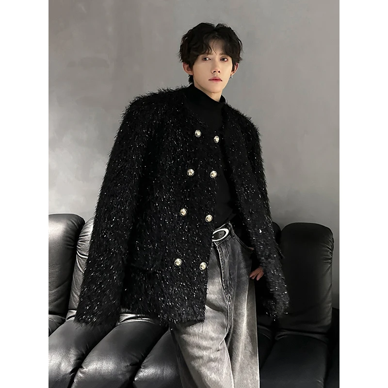 2024 Autumn Winter Male Light Luxury Handsome High-end Collarless Jacket Tops Men\'s Double-breasted Small Fragrant Plush Jackets