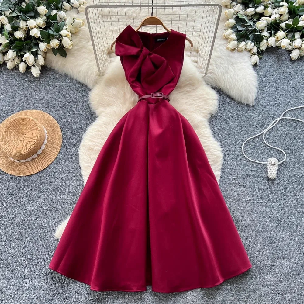 

Designer Fashion Autumn A Line Formal Evening Dress Summer Women's O-Neck Sleeveless High Waist Elegant Long Dresses With Belt