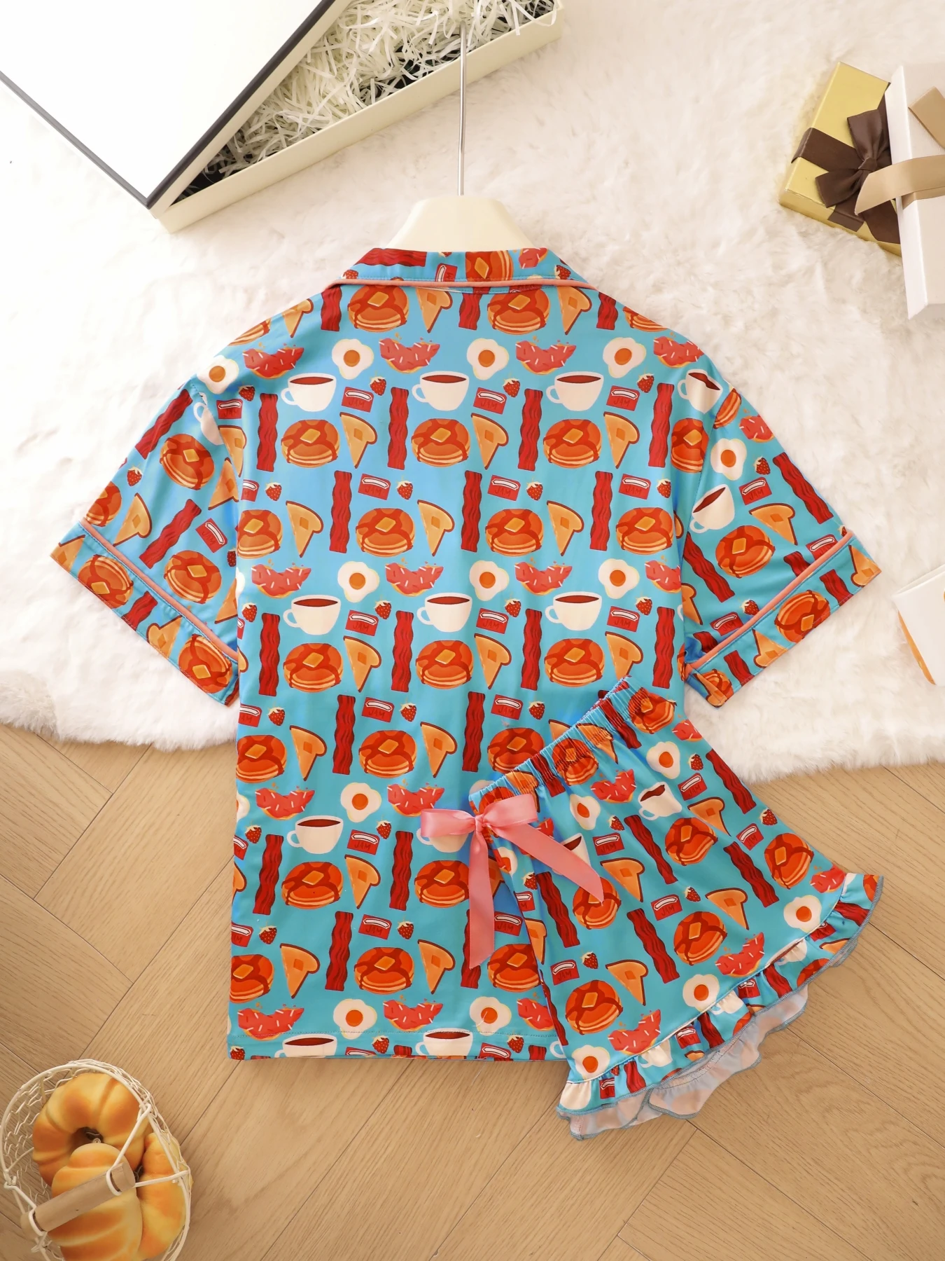 Fresh Lake Blue Breakfast Printed Pajamas Women's Flip Collar Button Style Summer Thin Breathable Home Clothing Set
