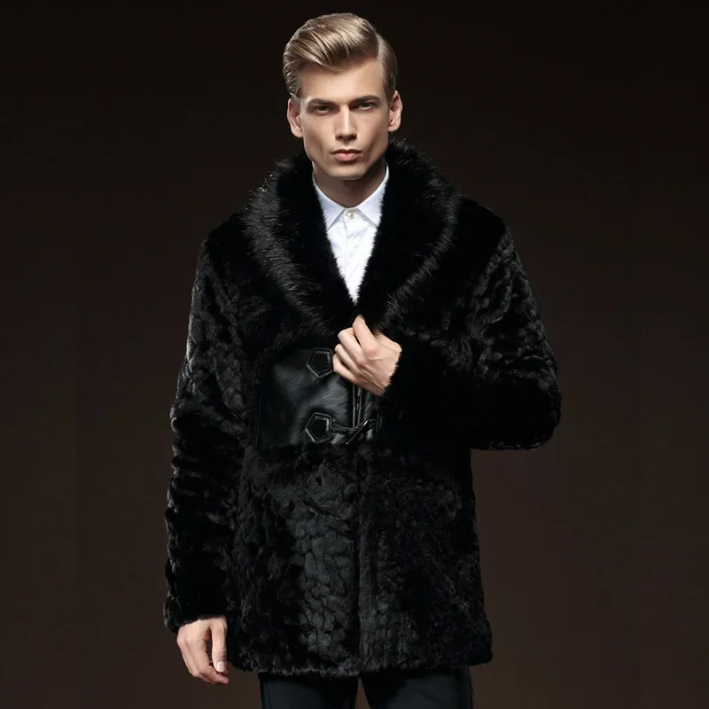 

Free Shipping New fashion male Men's winter black imitation mink coat slim lapels fur coat long fox fur collar