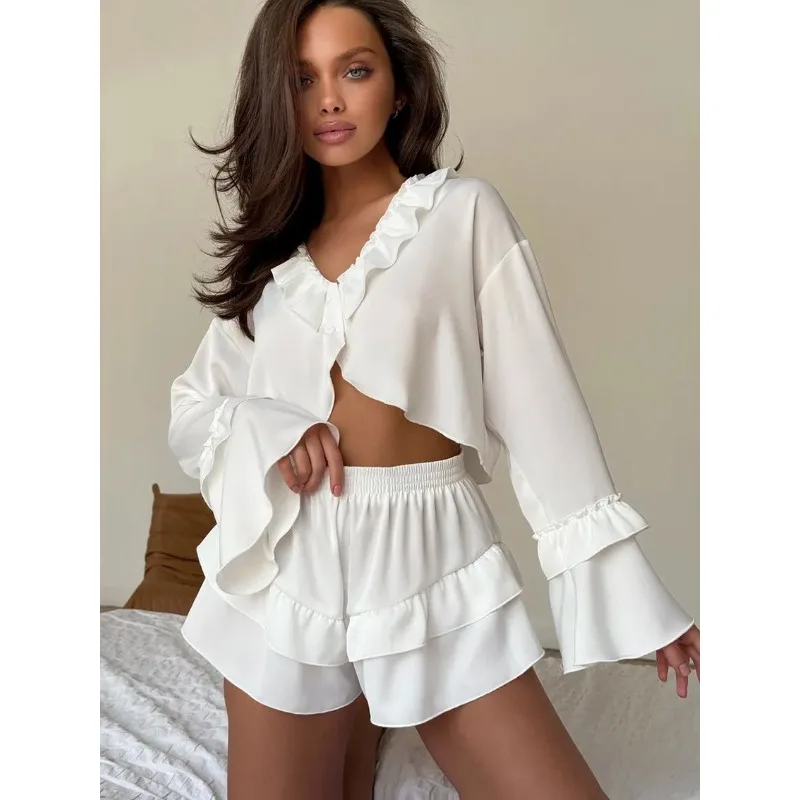 2-częściowy zestaw damskich piżam z falbankami, odzież domowa, komplet dwuczęściowy, odpowiedni do noszenia na zewnątrz