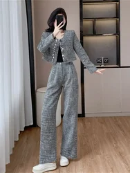 High Quality Korean Fashion Tweed Two Piece Set Women's Jacket Coat+ Wide Leg Pant Sets Casual 2 Piece Sets Women Outfits