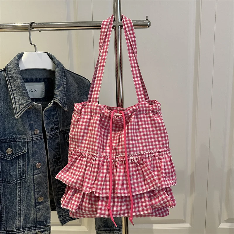 Fashion Ruffles Plaid Women Drawstring Shoulder Bags Commuter Simple Ladies Underarm Tote Bag Large Capacity Girls Handbags