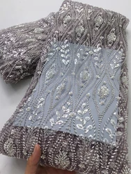 African French Mesh Lace Beaded Fabric Newest 2025 Nigerian Net Lace Fabric with Sequins for Women Wedding Dresses,2.5yards 4083
