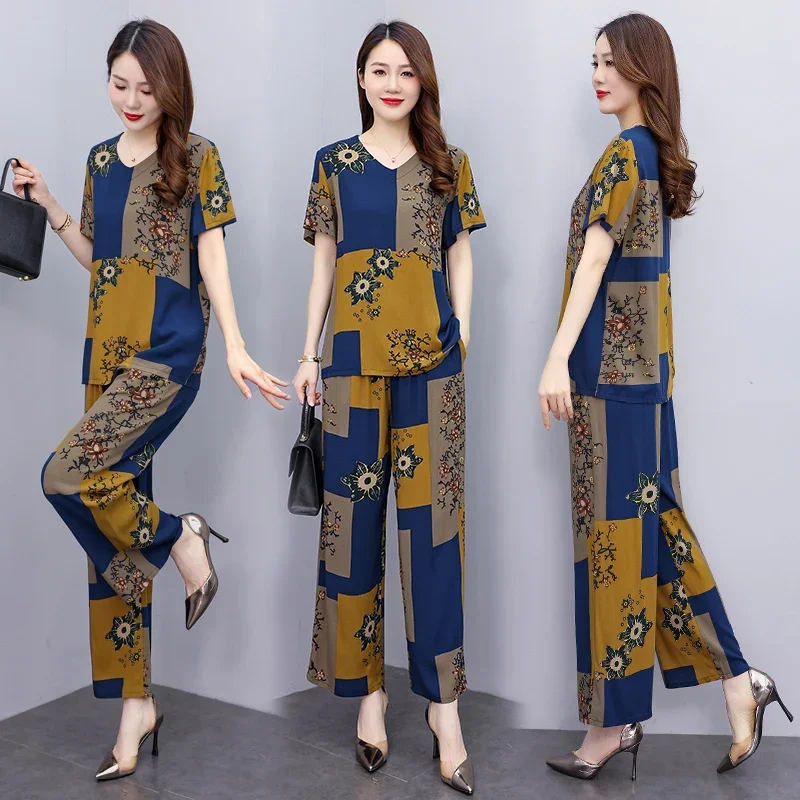 Summer Two Piece Sets Womens Outifits 2023 New Casual Printing Elastic Waist Wide Leg Pants Sets Elegant Blouse Summer Suit