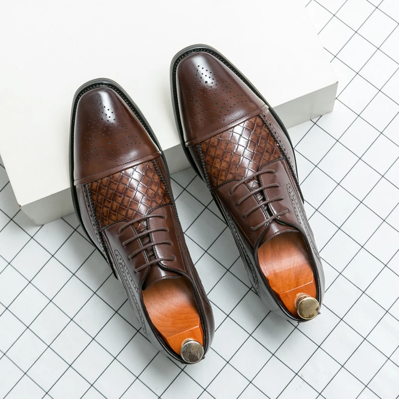 Brand Men's Blue Cap Toe Oxford Shoes Brogue Perforated Lace Up Formal Business Dress Casual Leather Shoes Large Size：38-48