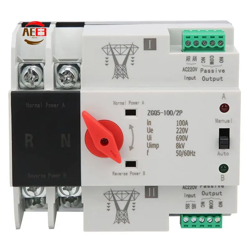 AEE3-2-Way Transmission Switch 220V ZGQ5-100 / 2P Automatic Transfer Switch With Double Power 2-Way Transmission Switch Controll
