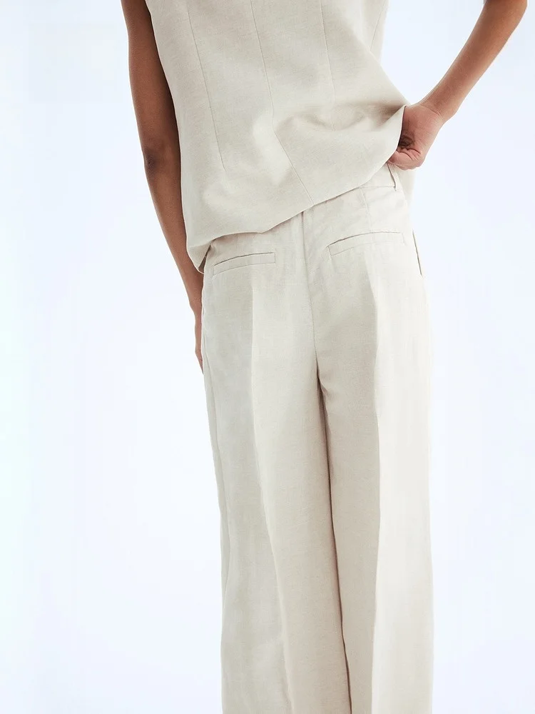 Pantaloni invernali da donna H&M in misto lino, pantaloni formali, vestibilità comoda, look professionale, alla moda e di tendenza