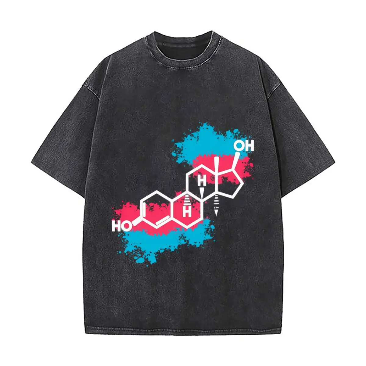 Estrogen Molecule Hormone Chemical Formula Pink Blue Splatter Graphic Distressed Faded Baggy Streetwear Tops for Park Hangouts