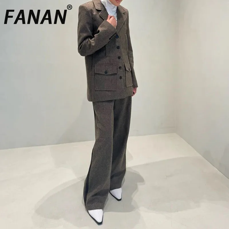 FANAN Büro Dame 2-teiliges Set Damen Einreiher Fit Blazer + hohe Taille Gerade Hose mit weitem Bein Fit Anzüge Damenbekleidung