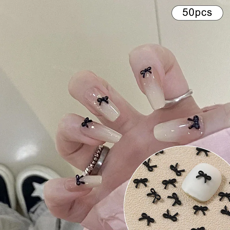 

50 шт., черные смоляные бантики разных размеров, подвески для ногтей, 3D мини, однотонные украшения для ногтей с бантом, аксессуары для маникюра, заколка для волос «сделай сам»