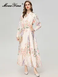 MoaaYina Fashion Designer dress Summer Women's Turn-down Collar Long Sleeves Sashes Floral Print vintage Party Dresses