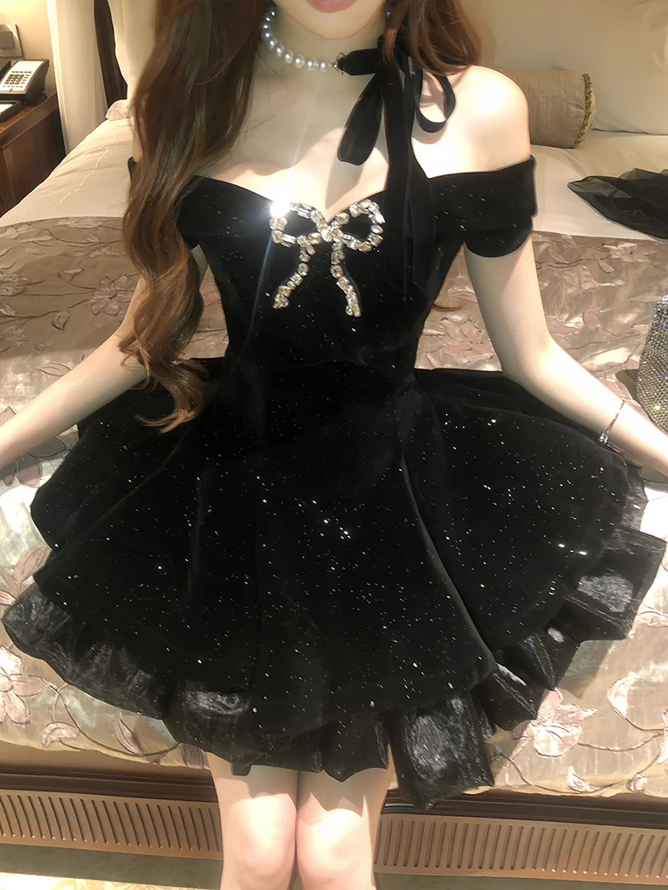 RORIRI بريق الماس القوس منتفخ فستان قصير المرأة خارج الكتف خمر الأسود المخملية سليم فستان الأميرة عيد ميلاد ملابس للحفلات