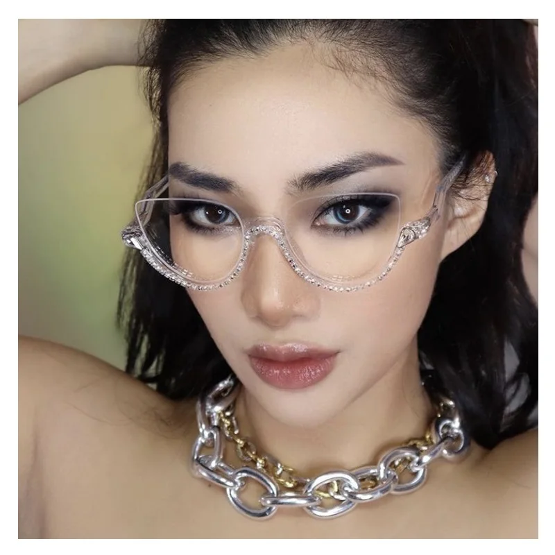 Fashion Personality Anti-blue Light Women Glasses Anti-radiation Computer Frame Inlaid Brick Design Prescription Glasses