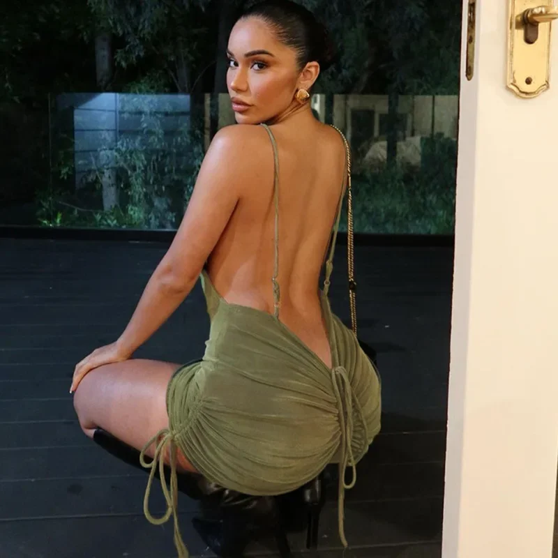 

Vintage Dress Streetwear Women Summer Sexy Drawstring Dresses Sleeveless Casual New Solid Color Dress