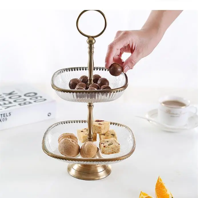 Two-tier Fruit Plate Brass Glass Bowl Cake Stand Snack Tray Dessert Decorative Dried Plates Dish