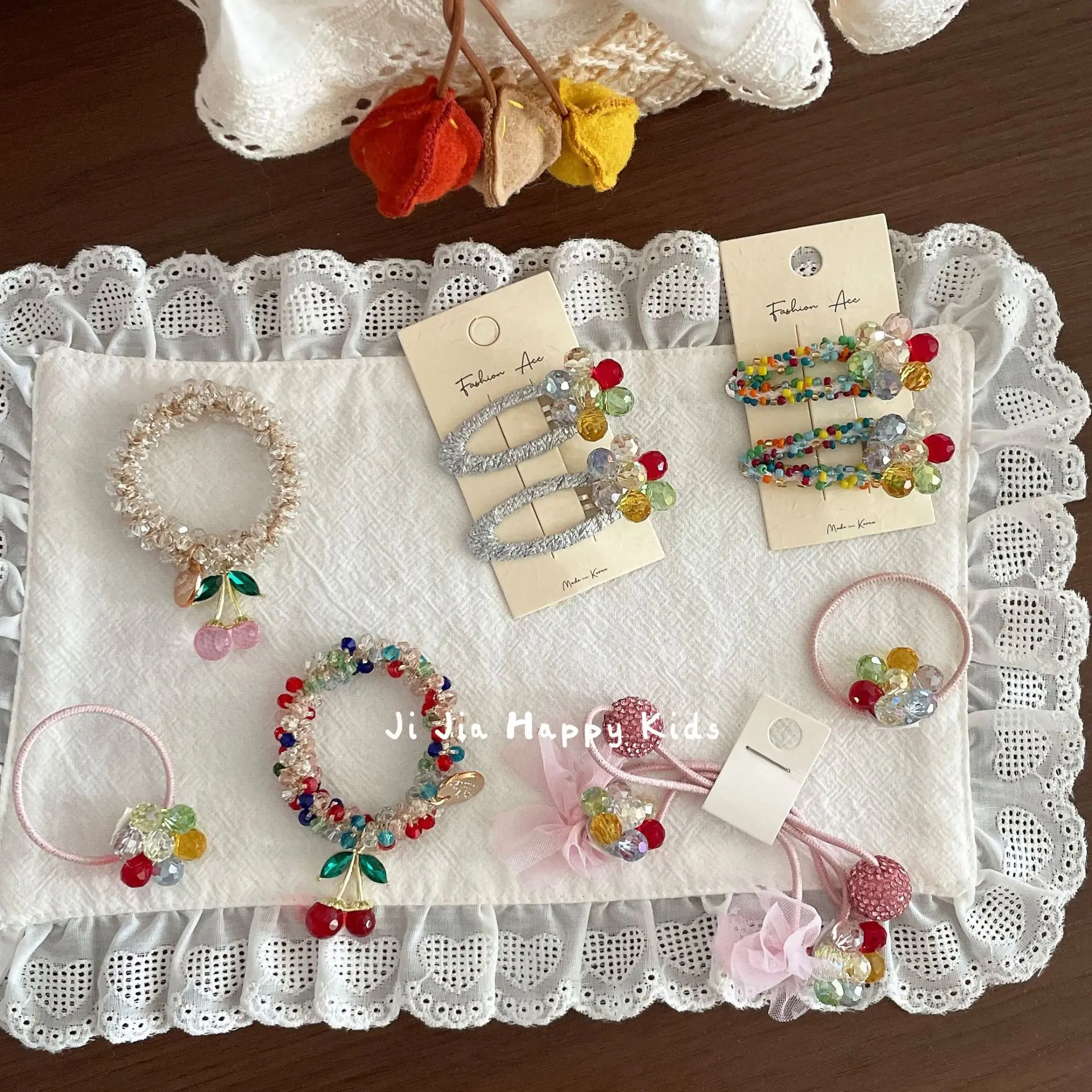 Hair Tie Korean Rhinestone Crystal Colorful Cherry Elastic Ponytail Sweet Beaded Flower Side Clip Women Girls Daily Lightweight