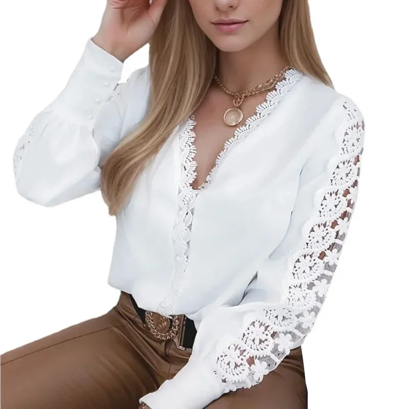 2024 Fashion V-neck Long Sleeve White Blouse Women Lace Spliced Spring Hollow Out Elegant Tops Vintage Lady Shirt Blusas 23338