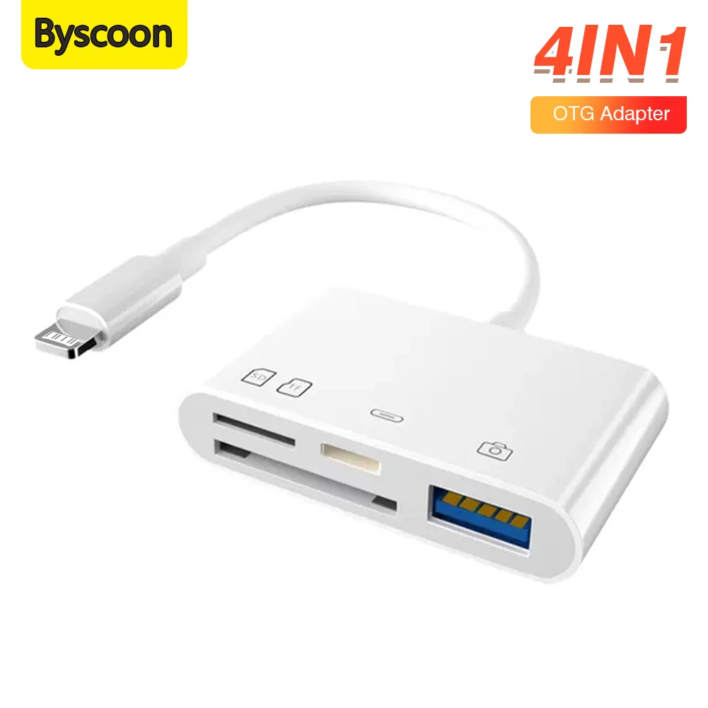 Byscoon 4in1 Lighting to SD TF Card Reader for iPhone 14 13 12 Pro Max iPad Charging Converter For iOS Card Reader OTG Adapter