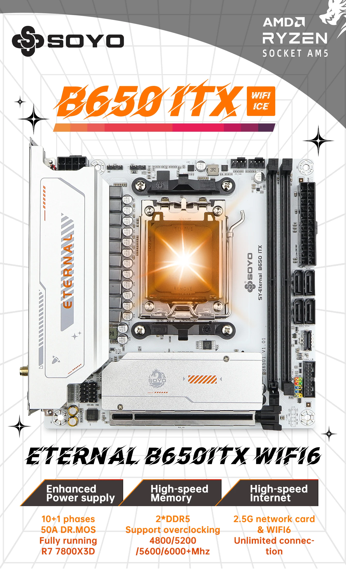 SOYO B650ITX AMD Motherboard AMD Ryzen AM5 DDR5 Unterstützt CPU 7000 8000 9000 Prozessoren Pcie5.0x16 Pcie4.0x4 M.2 ARGB WIFI6 – Detail 1
