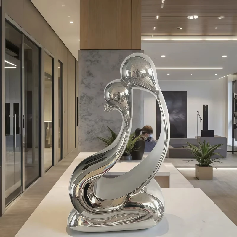 

Nordic stainless steel abstract art sculpture, interior decoration polished mirror ornaments, for hotel lobbies, offices BB614NO