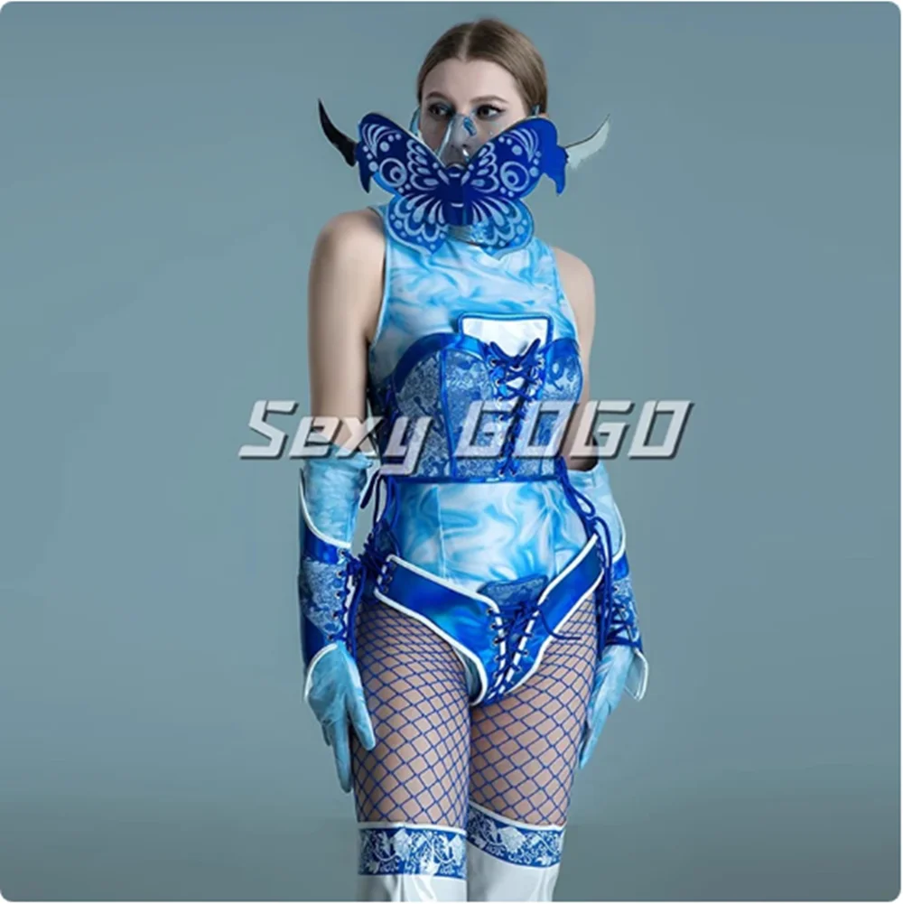 Gogo Dance Outfit Tie Dye Romper Vlindermasker Chinese stijl Zangeres Danser Prestaties Kostuum Drag Queen Kleding