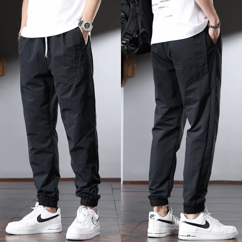 Summer Black Baggy Pants Men Sport Casual Jogging Elastic Waist Drawstring Trousers