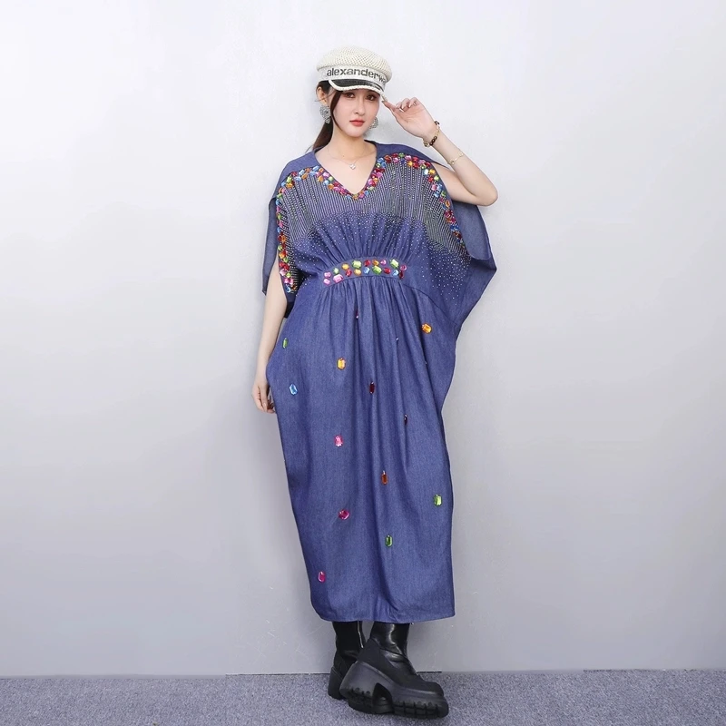 

2025 Summer New Elegant Women Loose Denim V Neck Long Dresses Ladies Short Sleeve Dress Wholesale J1201