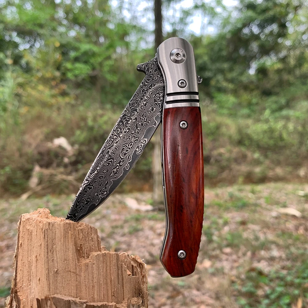 Hand Original Damascus steel Folding Knife wood Handle Ball Bearing EDC Portable Camping Pocket knife Professional 