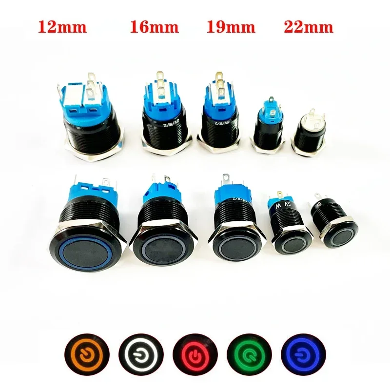 

5pcs Push Button Switch 12/16/19/22mm Waterproof illuminated Led Light Metal Flat Momentary Switches with power mark 5V 12V 24V