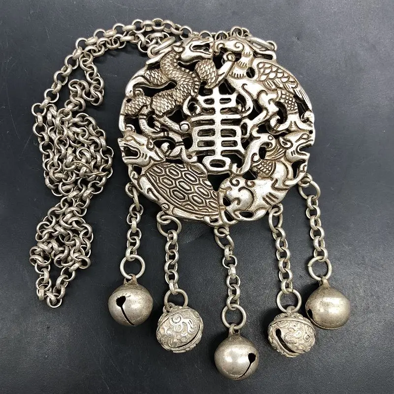 

China's retro hollowed-out four sacred animals silver lock guard placket lock pendant